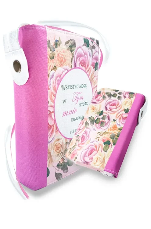Okładka na Biblię „Wszystko mogę w Tym…” – róże pastelowe, zamek, 2 wstążki