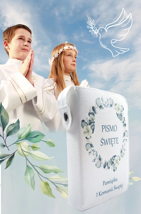Pamiątka I Komunii Świętej zestaw z Biblią i okładką z motywem gołębicy