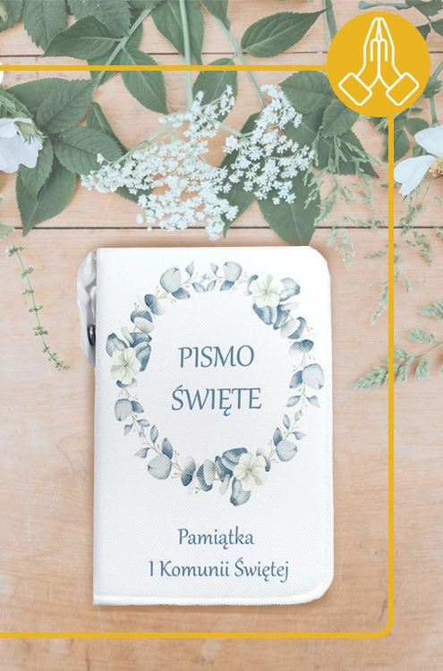 Pamiątka I Komunii Świętej zestaw z Biblią i okładką w kwiatowej aranżacji