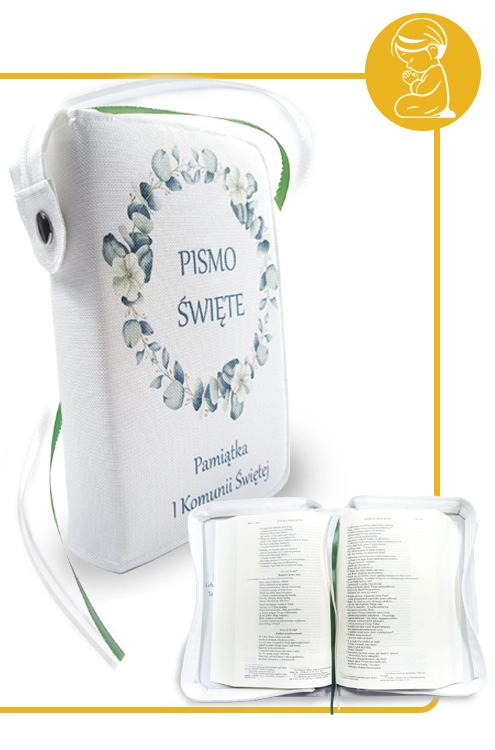 Pamiątka I Komunii Świętej zestaw z Biblią, okładką i otwartym Pismem Świętym