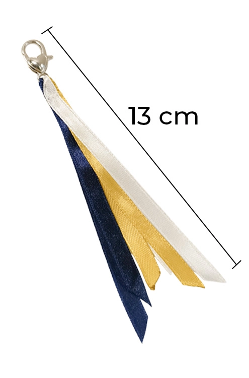 Wymiary zawieszki do Biblii — długość 13 cm, wstążki satynowe granat złoto biel