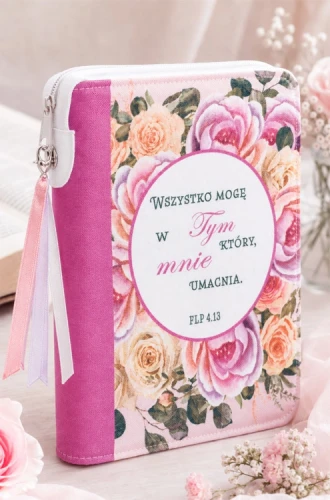Zawieszka satynowa różowo-fioletowa jako dodatek do okładki na Biblię, aranżacja z różami