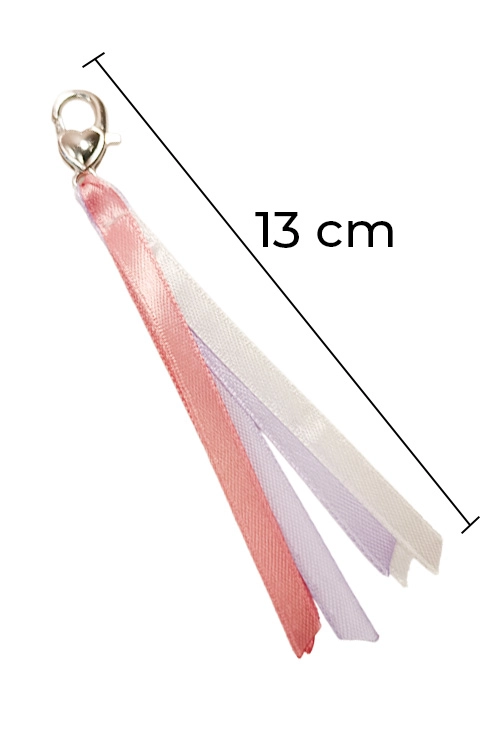 Wymiary zawieszki do Biblii — długość 13 cm, wstążki satynowe róż liliowy biel