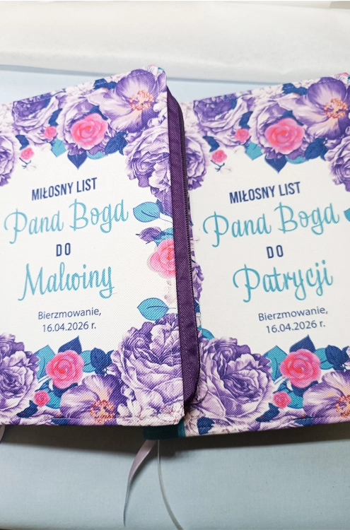 Personalizowana okładka na Biblię z imieniem na bierzmowanie, fioletowy wzór kwiatowy