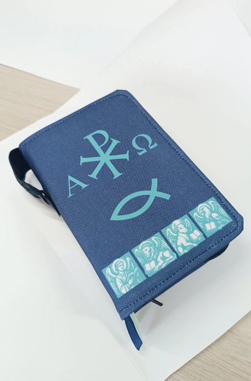 Okładka na Biblię z symbolem Chi-Rho i Alfa Omega, granatowa, wzór liturgiczny