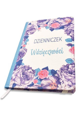 Dzienniczek Wdzięczności A5 w wodoodpornej okładce w fioletowe kwiaty, widok z ukosa