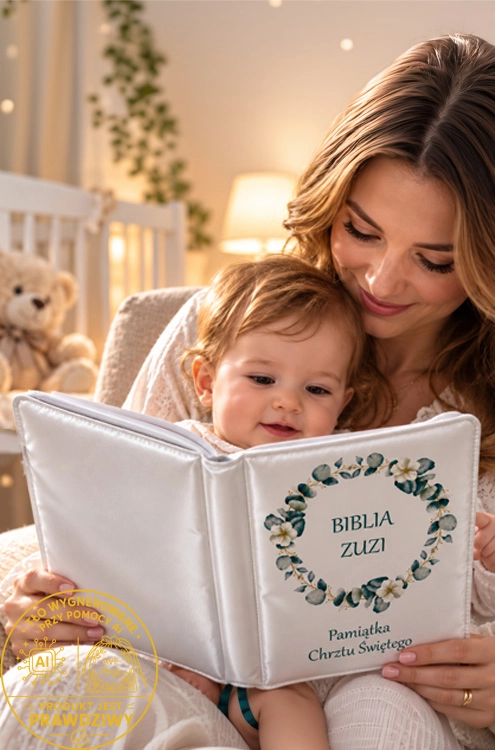 Mama czyta dziecku Biblię w personalizowanej okładce