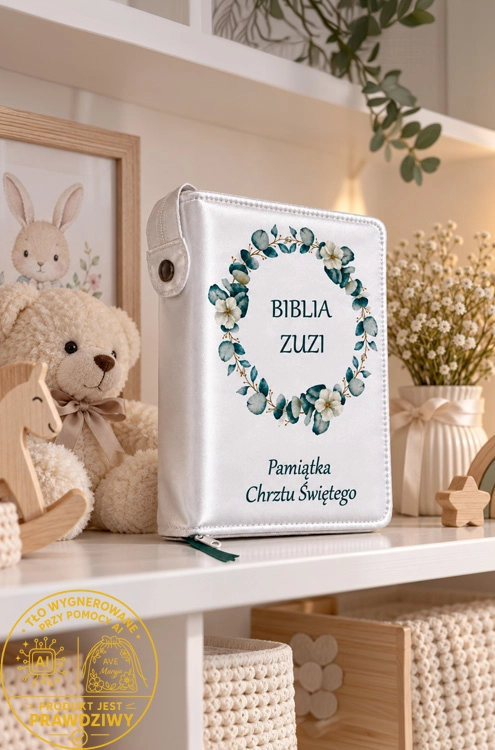Okładka na Biblię z imieniem na półce w pokoju dziecka