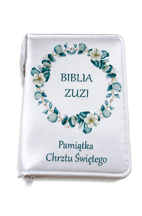 Personalizowana okładka na Biblię z napisem Pamiątka Chrztu Świętego, widok z przodu
