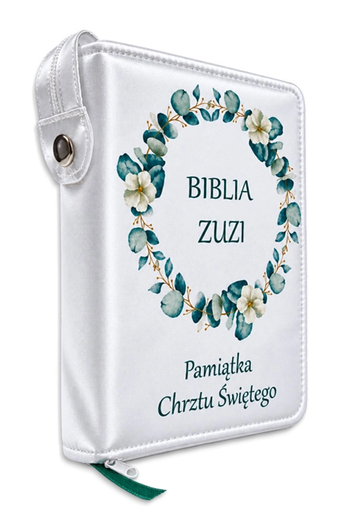 Okładka na Biblię na chrzest z paskiem na napę i zieloną wstążką