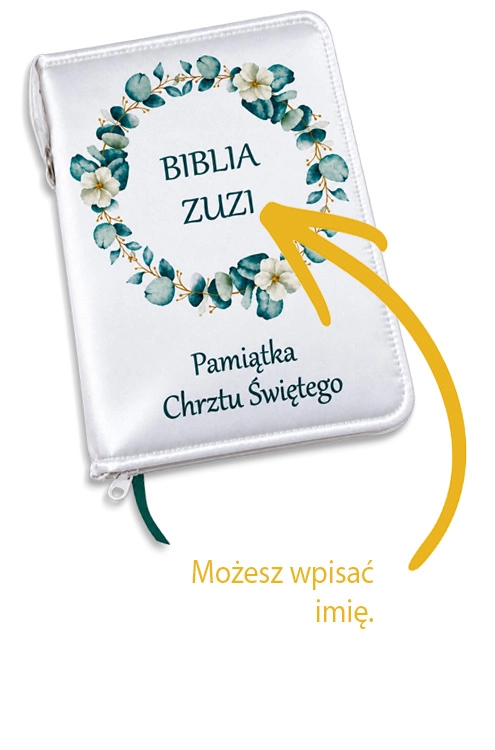 Personalizacja okładki na Biblię na chrzest: miejsce na imię dziecka w wianku