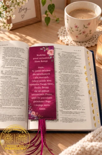 Zakładka z modlitwą przed czytaniem Słowa Bożego w otwartej Biblii obok kubka z kawą