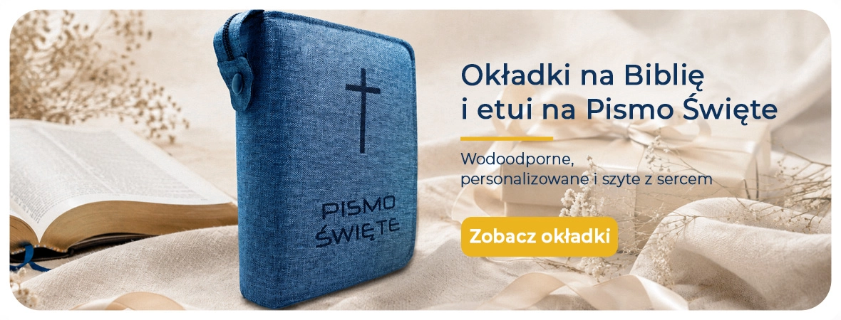 Niebieska okładka na Biblię i etui na Pismo Święte obok otwartej Biblii.